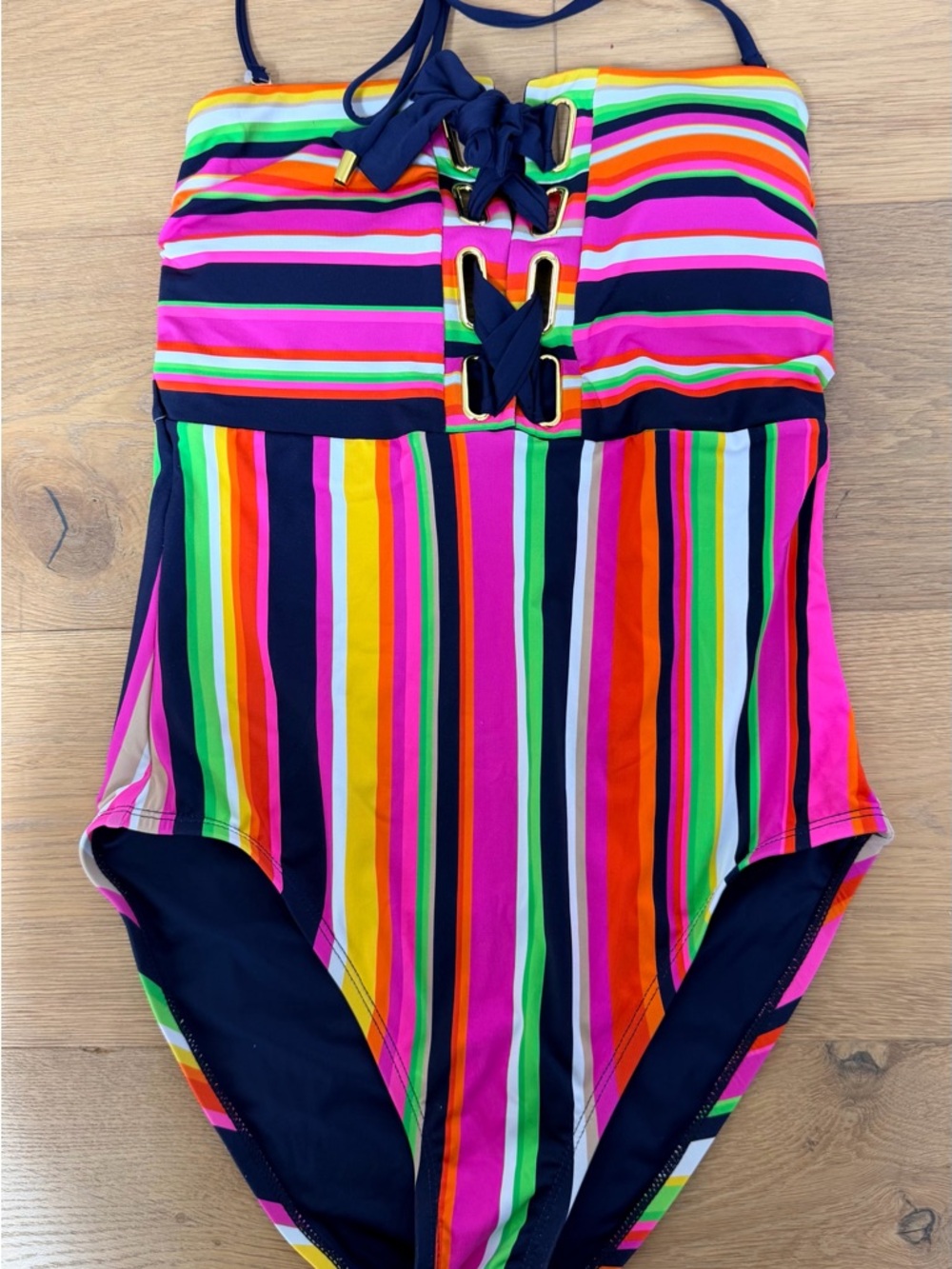 Trina Turk Striped Multicolor One-Piece Swimsuit with Halter Tie or Bandeau - Picture 4 of 5